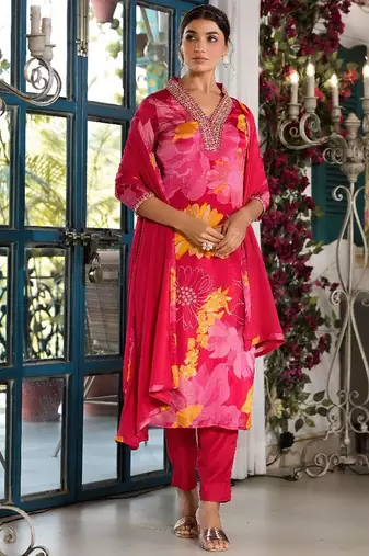 V-Neck Mirror Embellished Straight Kurta With Trousers & Chiffon Dupatta