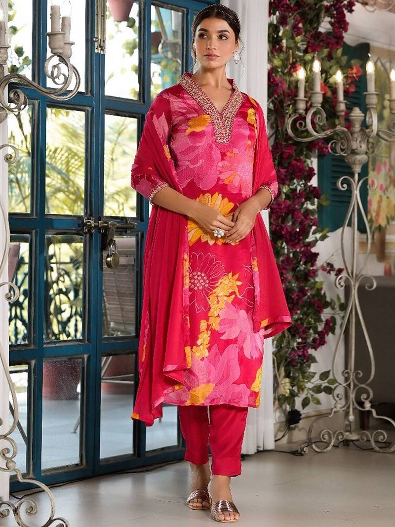 V-Neck Mirror Embellished Straight Kurta With Trousers & Chiffon Dupatta