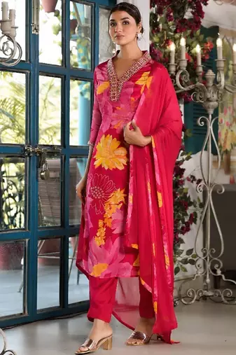 V-Neck Mirror Embellished Straight Kurta With Trousers & Chiffon Dupatta