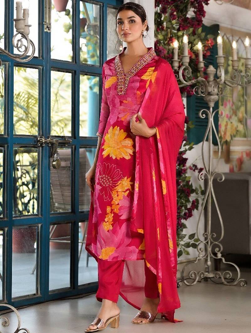 V-Neck Mirror Embellished Straight Kurta With Trousers & Chiffon Dupatta