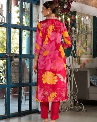 V-Neck Mirror Embellished Straight Kurta With Trousers & Chiffon Dupatta 5