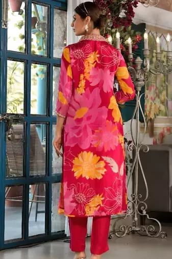 V-Neck Mirror Embellished Straight Kurta With Trousers & Chiffon Dupatta