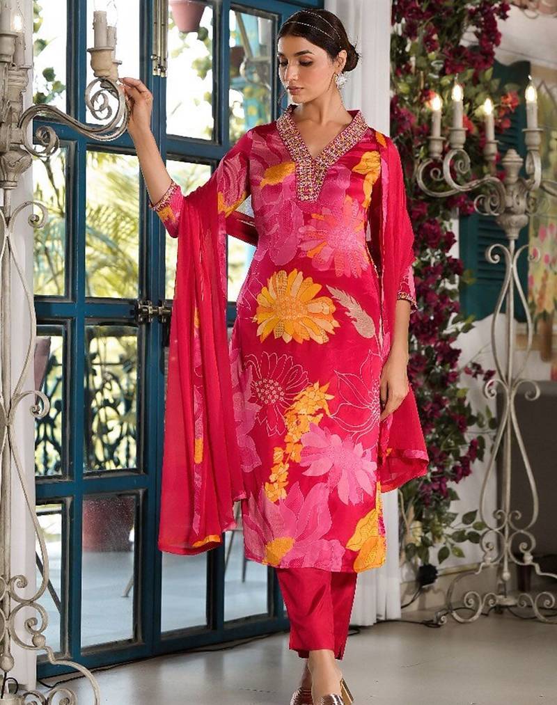 V-Neck Mirror Embellished Straight Kurta With Trousers & Chiffon Dupatta