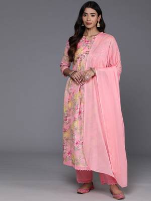 Women Floral Printed Empire Mirror Work Pure Cotton Kurta with Trousers & Dupatta 1