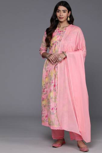 Women Floral Printed Empire Mirror Work Pure Cotton Kurta with Trousers & Dupatta