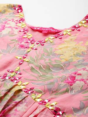 Women Floral Printed Empire Mirror Work Pure Cotton Kurta with Trousers & Dupatta 2