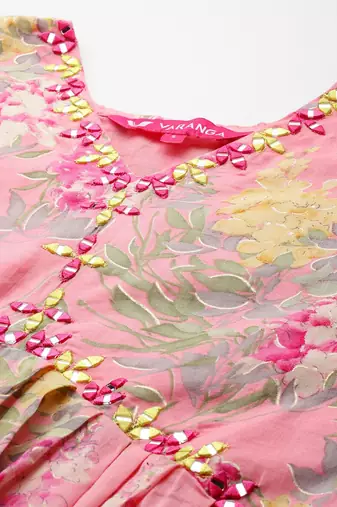 Women Floral Printed Empire Mirror Work Pure Cotton Kurta with Trousers & Dupatta