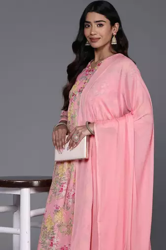 Women Floral Printed Empire Mirror Work Pure Cotton Kurta with Trousers & Dupatta