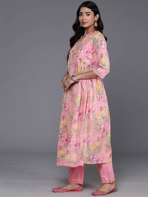 Women Floral Printed Empire Mirror Work Pure Cotton Kurta with Trousers & Dupatta 6