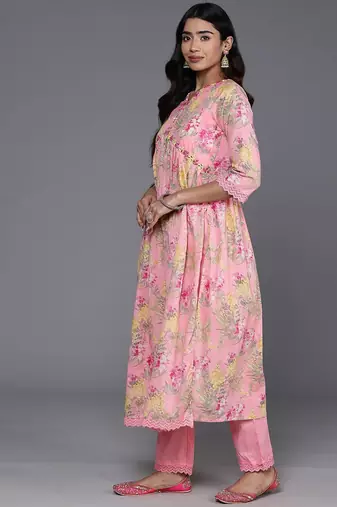 Women Floral Printed Empire Mirror Work Pure Cotton Kurta with Trousers & Dupatta