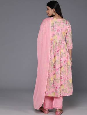 Women Floral Printed Empire Mirror Work Pure Cotton Kurta with Trousers & Dupatta 7