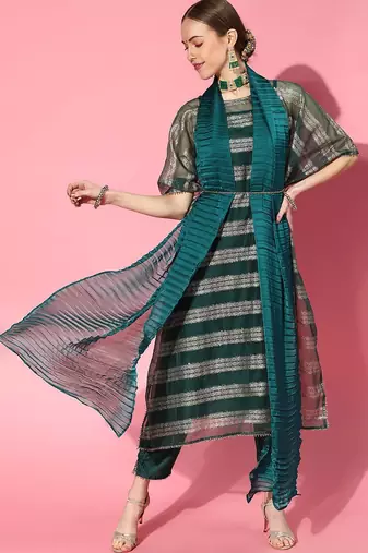 Teal Poly Georgette Kaftan Kurta Set