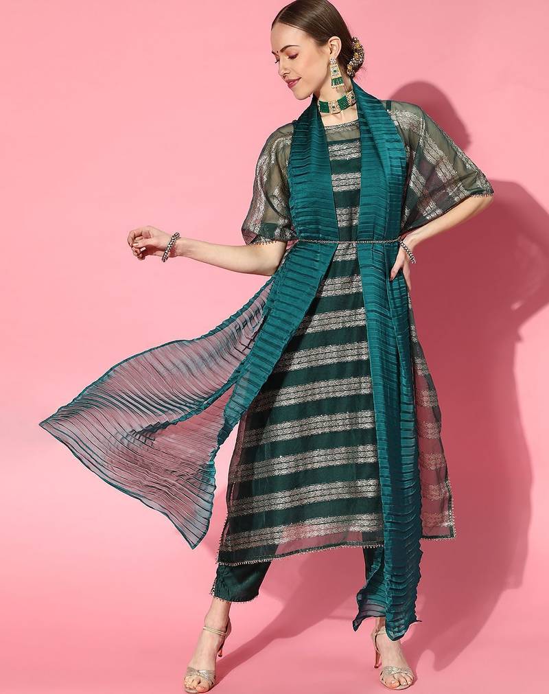 Teal Poly Georgette Kaftan Kurta Set