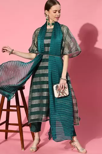 Teal Poly Georgette Kaftan Kurta Set