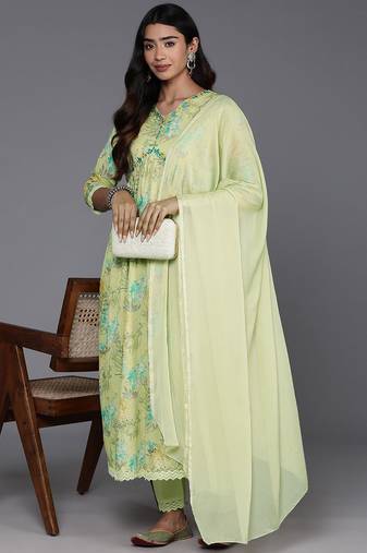 Women Floral Printed Empire Mirror Work Pure Cotton Kurta with Trousers & Dupatta