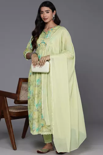 Women Floral Printed Empire Mirror Work Pure Cotton Kurta with Trousers & Dupatta