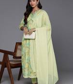 Women Floral Printed Empire Mirror Work Pure Cotton Kurta with Trousers & Dupatta