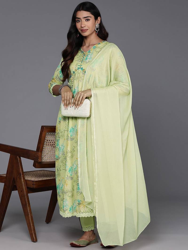 Women Floral Printed Empire Mirror Work Pure Cotton Kurta with Trousers & Dupatta
