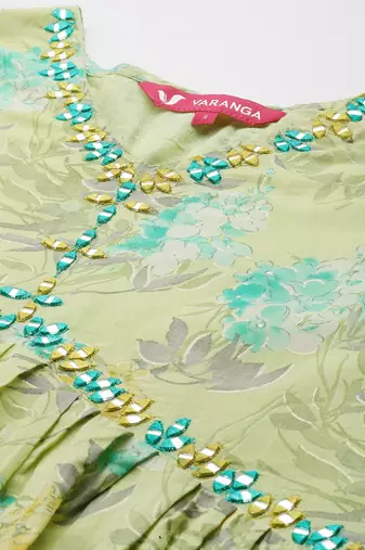 Women Floral Printed Empire Mirror Work Pure Cotton Kurta with Trousers & Dupatta