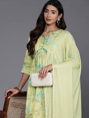 Women Floral Printed Empire Mirror Work Pure Cotton Kurta with Trousers & Dupatta 5