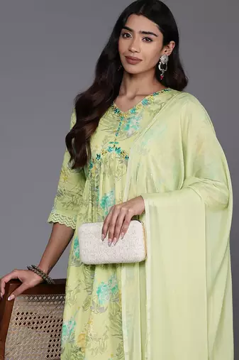 Women Floral Printed Empire Mirror Work Pure Cotton Kurta with Trousers & Dupatta