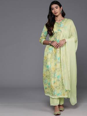 Women Floral Printed Empire Mirror Work Pure Cotton Kurta with Trousers & Dupatta 6