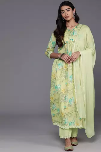 Women Floral Printed Empire Mirror Work Pure Cotton Kurta with Trousers & Dupatta