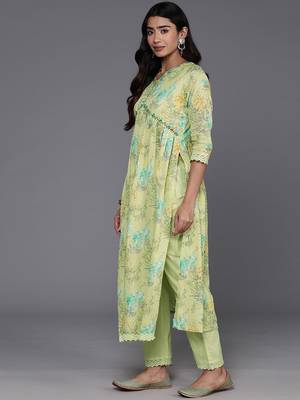 Women Floral Printed Empire Mirror Work Pure Cotton Kurta with Trousers & Dupatta 7