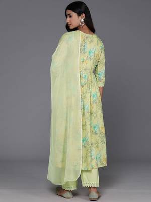 Women Floral Printed Empire Mirror Work Pure Cotton Kurta with Trousers & Dupatta 8