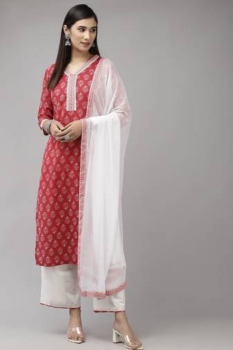 Women Red & White Ethnic Motifs Printed Kurta with Palazzos & With Dupatta