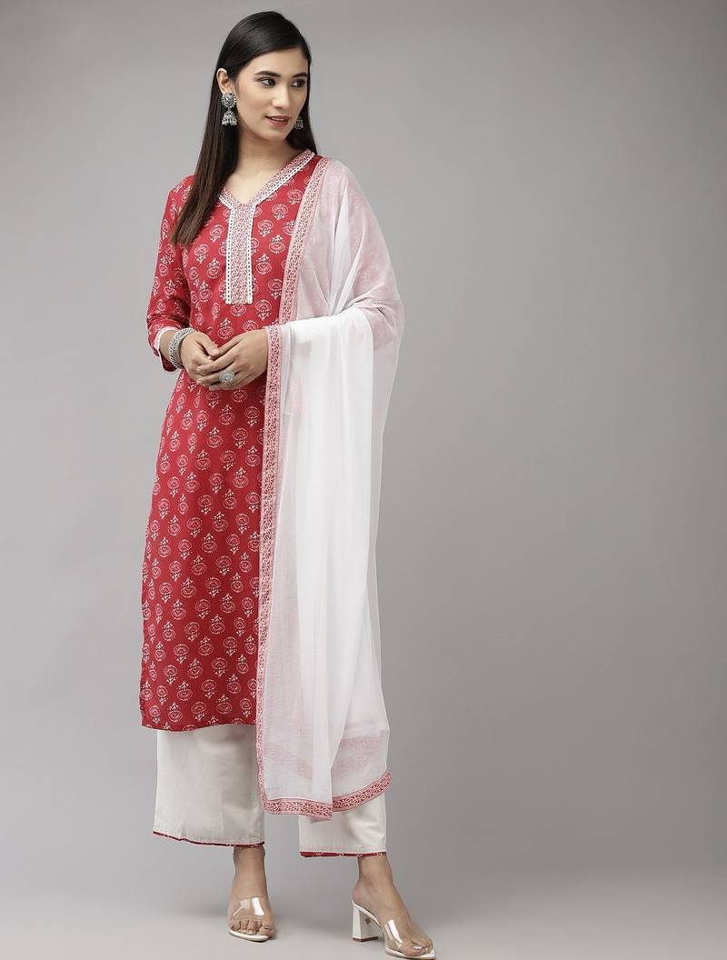 Women Red & White Ethnic Motifs Printed Kurta with Palazzos & With Dupatta