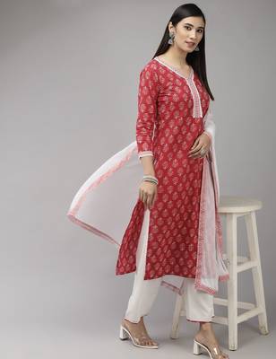 Women Red & White Ethnic Motifs Printed Kurta with Palazzos & With Dupatta 6