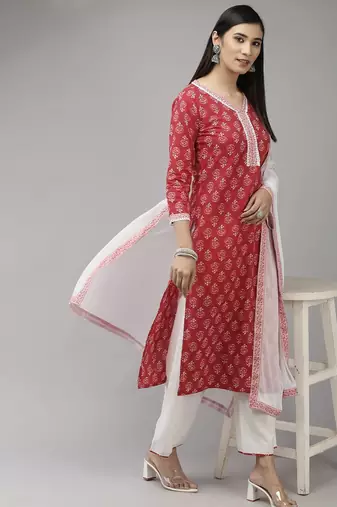 Women Red & White Ethnic Motifs Printed Kurta with Palazzos & With Dupatta
