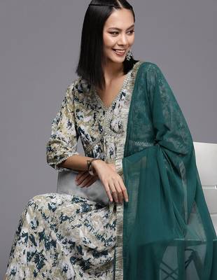 Women Printed Pleated Silk Georgette Kurta with Trousers & Dupatta 2