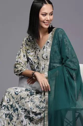 Women Printed Pleated Silk Georgette Kurta with Trousers & Dupatta