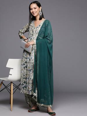Women Printed Pleated Silk Georgette Kurta with Trousers & Dupatta 1