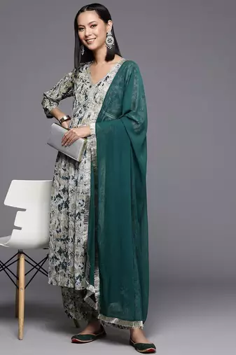 Women Printed Pleated Silk Georgette Kurta with Trousers & Dupatta
