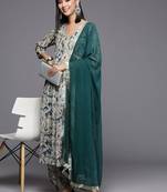 Women Printed Pleated Silk Georgette Kurta with Trousers & Dupatta