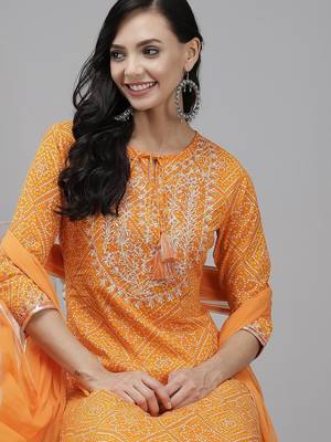Women Orange Bandhani Print Gotta Patti Kurta with Palazzos & Dupatta 2
