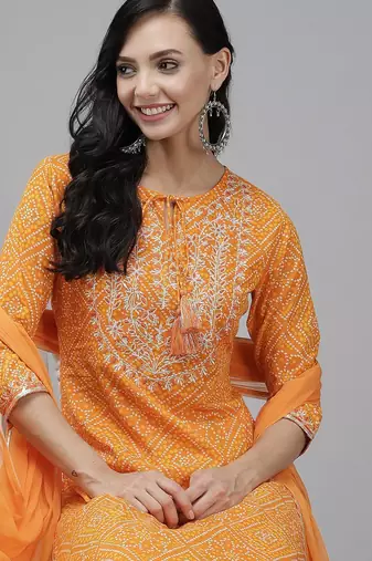 Women Orange Bandhani Print Gotta Patti Kurta with Palazzos & Dupatta