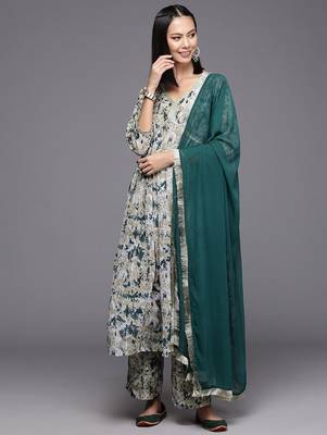 Women Printed Pleated Silk Georgette Kurta with Trousers & Dupatta 6