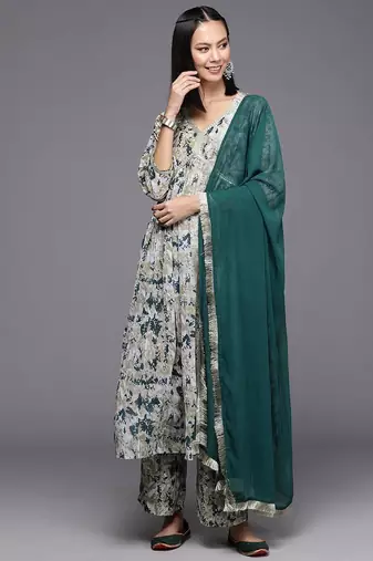Women Printed Pleated Silk Georgette Kurta with Trousers & Dupatta