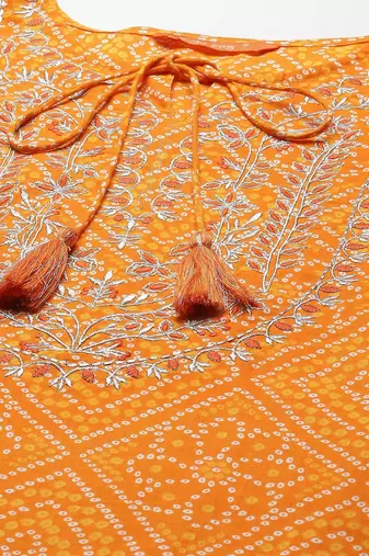 Women Orange Bandhani Print Gotta Patti Kurta with Palazzos & Dupatta