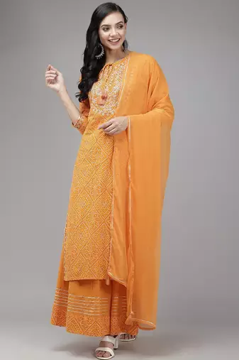 Women Orange Bandhani Print Gotta Patti Kurta with Palazzos & Dupatta