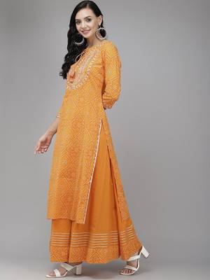 Women Orange Bandhani Print Gotta Patti Kurta with Palazzos & Dupatta 7