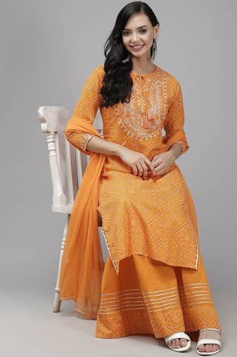 Women Orange Bandhani Print Gotta Patti Kurta with Palazzos & Dupatta