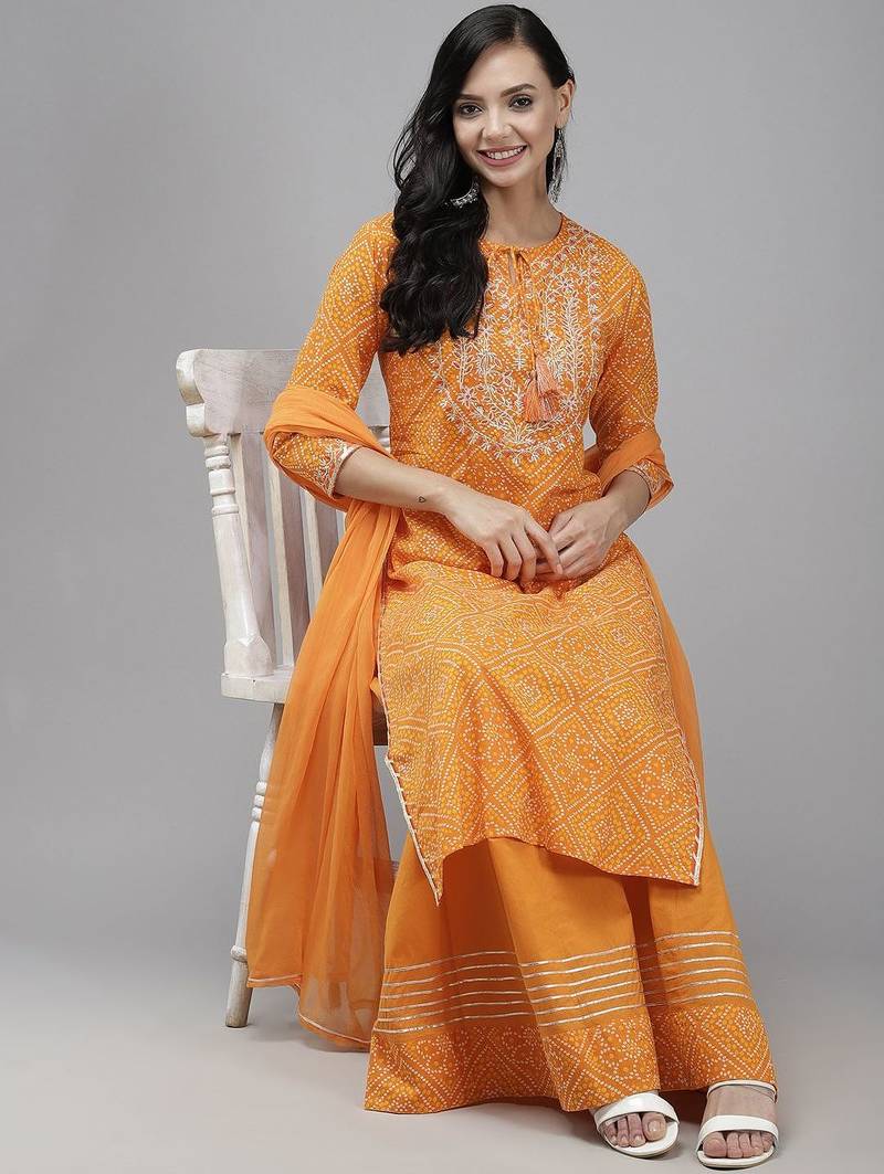 Women Orange Bandhani Print Gotta Patti Kurta with Palazzos & Dupatta