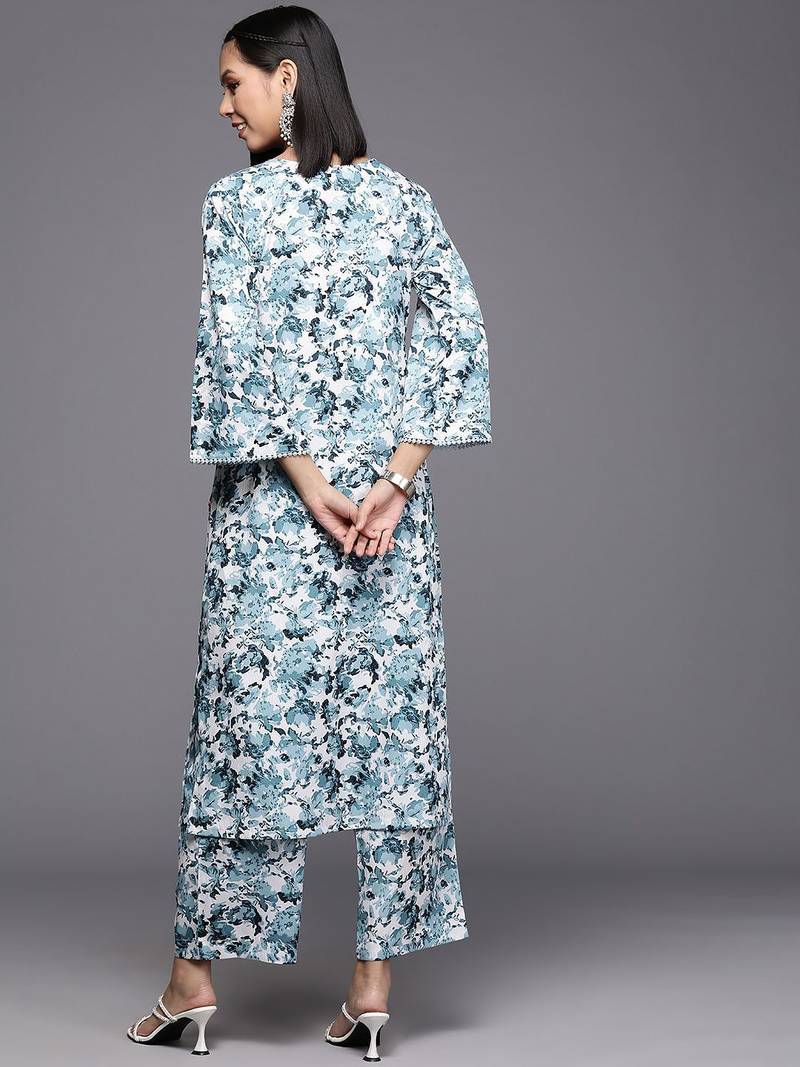 Women Floral Printed Regular Silk Crepe Kurta with Trousers