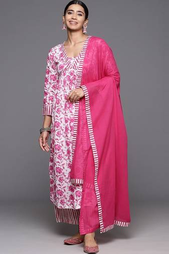 Printed Empire Kantha Work Pure Cotton Kurta with Palazzos & Dupatta
