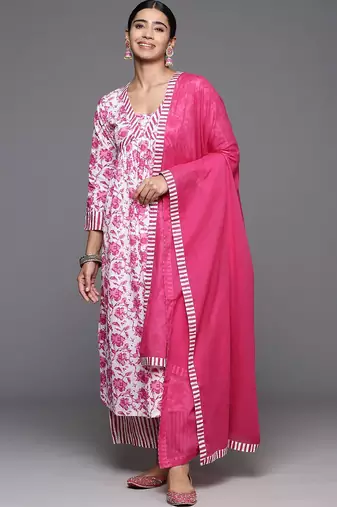 Printed Empire Kantha Work Pure Cotton Kurta with Palazzos & Dupatta